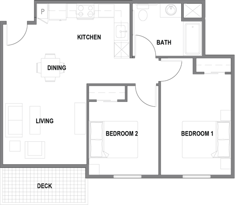 Floor plan for 2 beds, 1 bath, 790 sqft